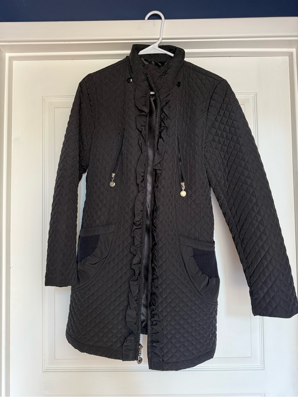 Betsey Johnson Black Quilted Ruffle-Trim Pea Coat